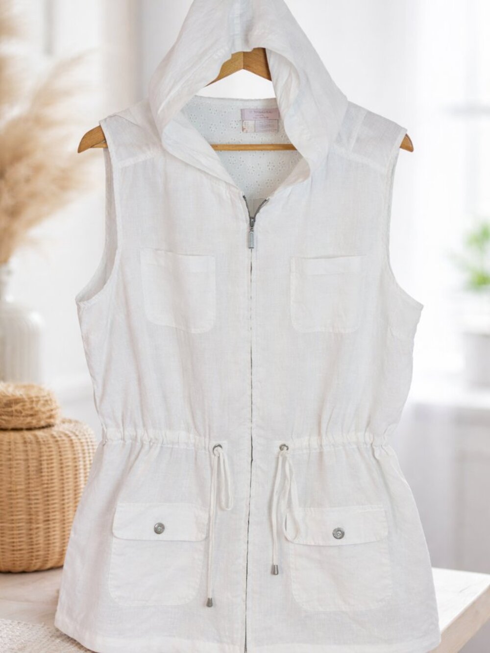 White Linen Hooded Utility Vest Cinch Waist Coastal Minimalist 1X St. Tropez Wes